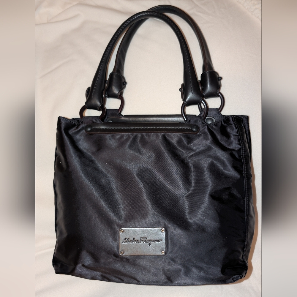 Salvatore Ferragamo Nylon And Leather Tote Bag Black EUC